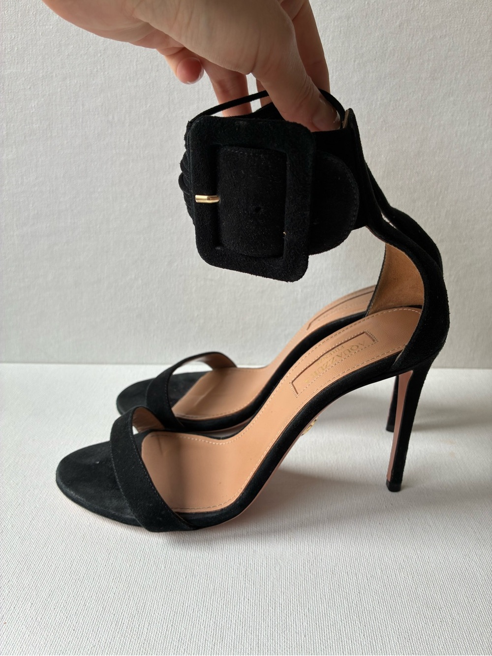 Aquazzura Women's Black Suede Ankle-Strap Stiletto Sandals size 36